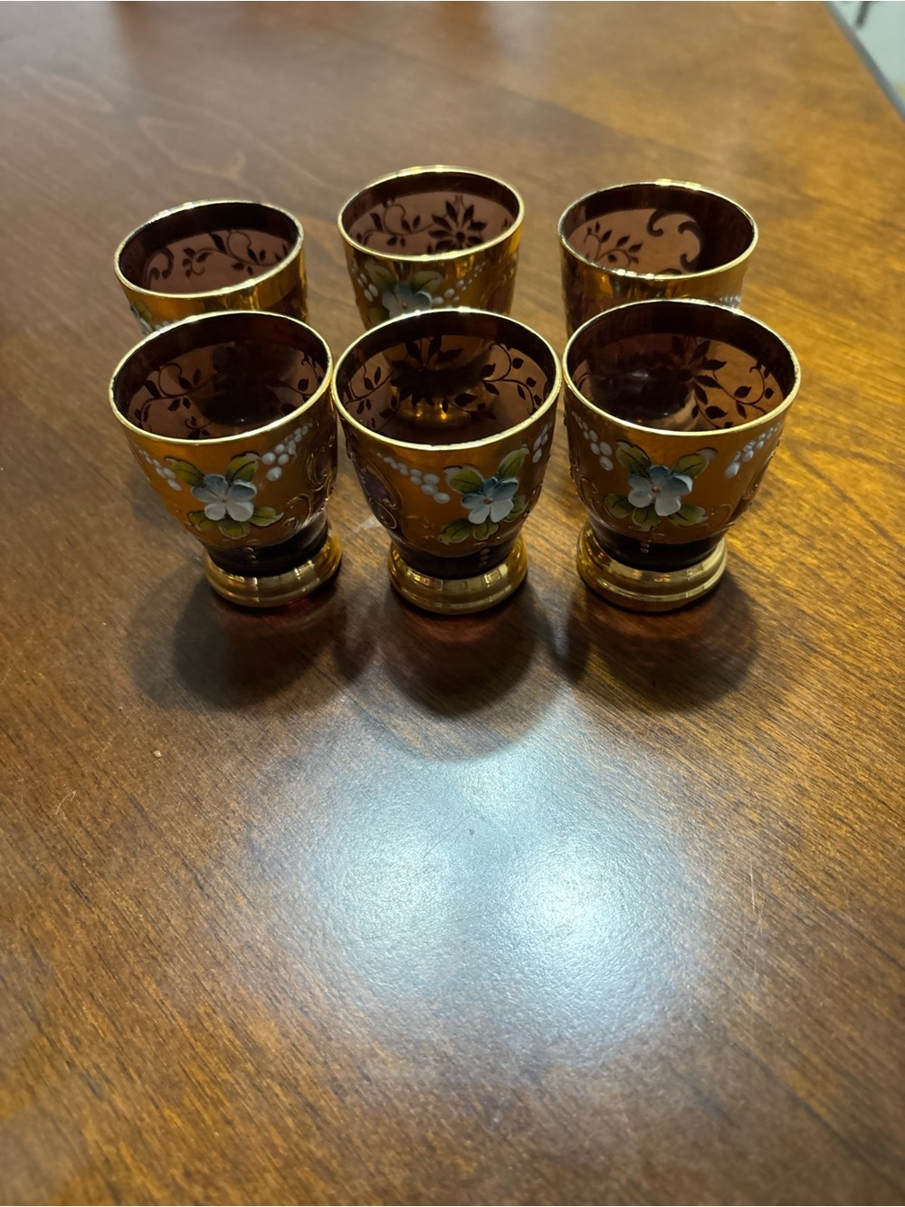 Hand-Painted Amber Glass Shot Glasses with Gold Trim (Set of 6)